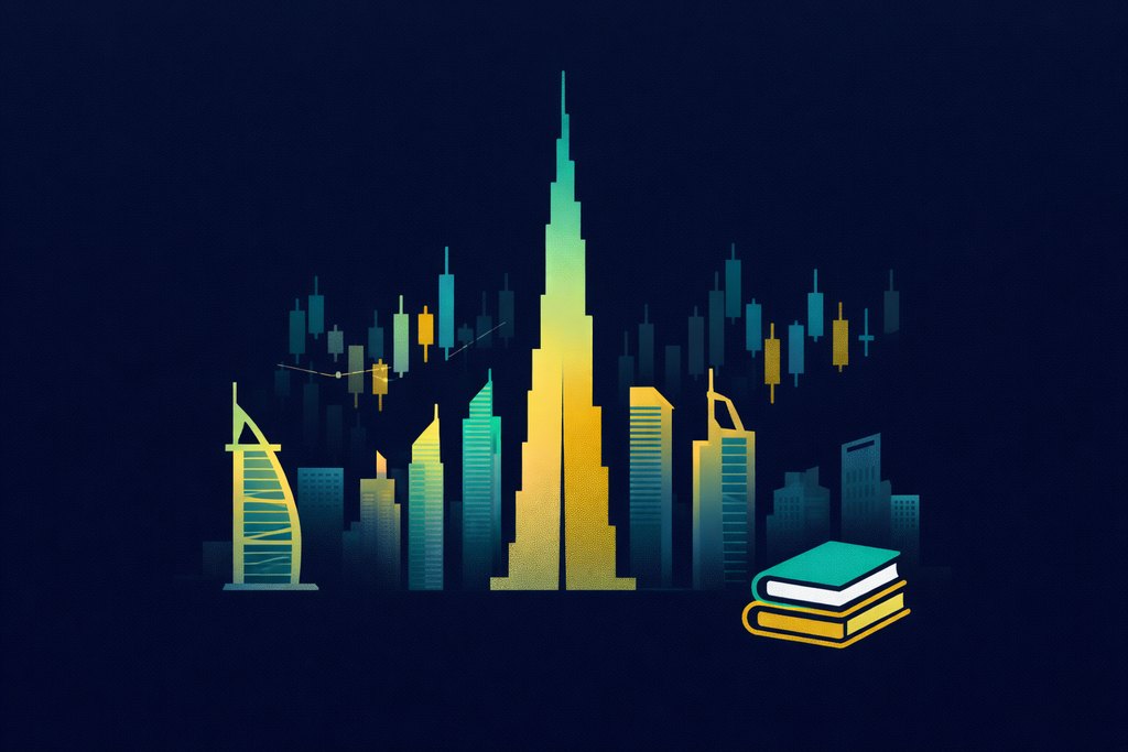 Illustration of the Dubai skyline with a candlestick chart and books